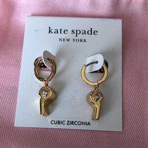 Kate Spade Gold Tone On The Ball Huggie Hoop Earrings Whistle Charm CZ NWT & Bag
